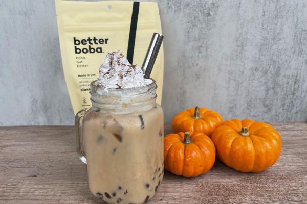 homemade iced pumpkin spice latte with boba