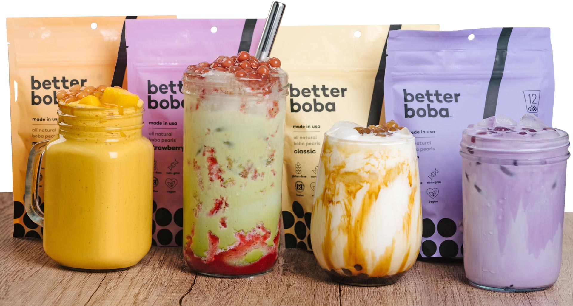better boba four flavors - mango, strawberry, classic, and ube boba