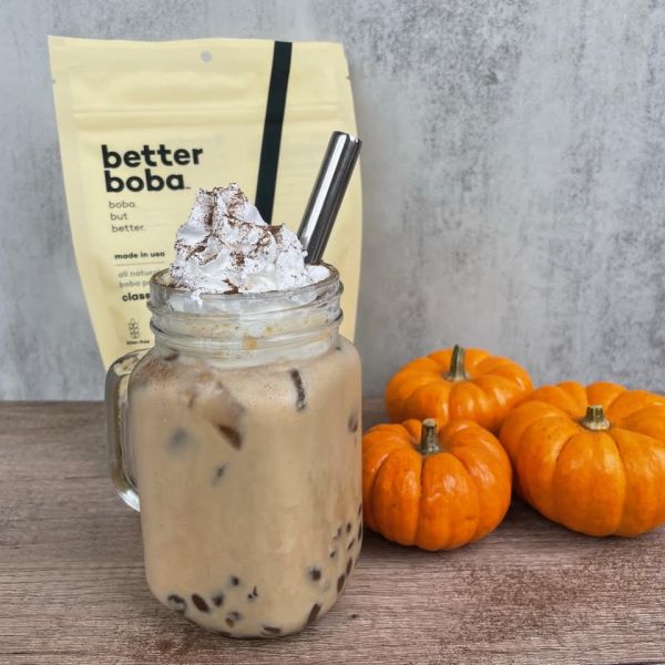 homemade iced pumpkin spice latte with boba